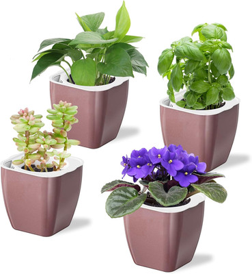 4 Pack Self Watering Pots 4-Inch Decorative Flower Planters for Indoor Plants Mo