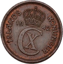 Island 1 Eyrir   1942   1,5 g  Original M&uuml;nze #ZAS53