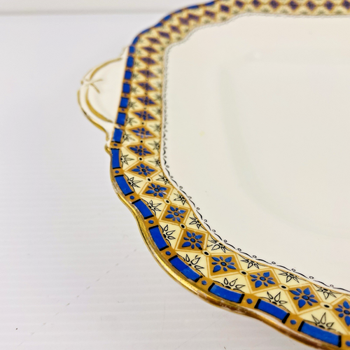 Vintage Aynsley England Blue & Gold Geometric Square Ear Handled Cake Plate Wavy - Picture 4 of 14