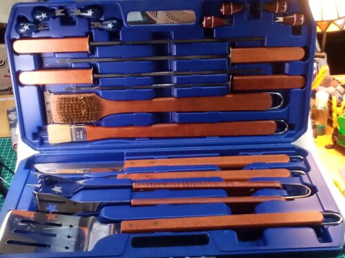 19-Piece Stainless Wood S Steel BBQ Grill Tool Set W/ Hard Case Outdoor Cookout - Picture 4 of 11