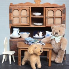 Antique miniature Steiff Teddy Bear w antique sideboard Doll House