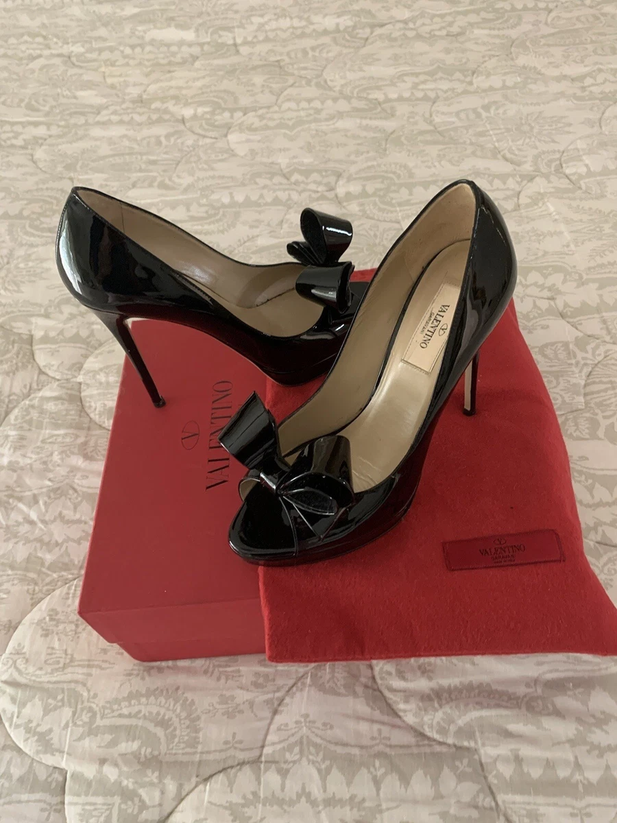Valentino Garavani d'Orsay Bow Pump Black Patent Leather Shoes Size 39