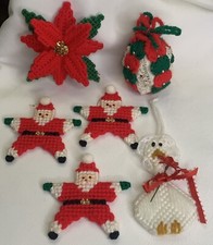 Vintage Handmade Needlepoint Christmas Ornaments Santa Poinsettia Lot Of 6