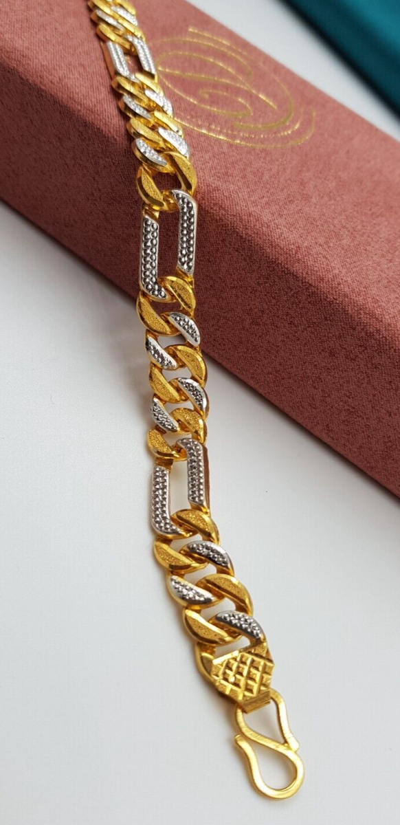 18K Gold Men Bracelet Two Tone Figaro Bracelet Italian Link - Main Image