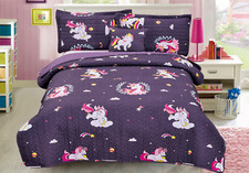 Purple Unicorn 4 Pcs Twin / Full Size Kids Boys Girls Quilt/ Shams/ Cushion Set