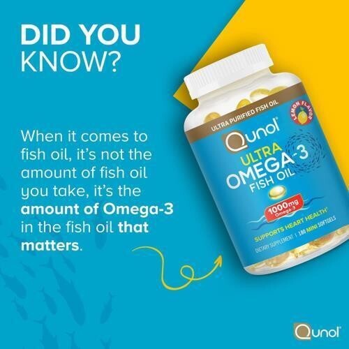 Fish Oil Mini Softgels, Qunol 1000mg Omega 3 EPA 180 Count (Pack of 1