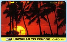 TK 202b Phone Card Hawaiian Sunset (Horiz Format) 7 Palm Trees & Man With Bike
