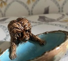 Antique George Jones Majolica  Small Figural Salt Cellar Dog on Rim. c 1875