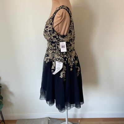 XSCAPE Navy Gold Embroidered Beaded Bodice Mesh V-Neck Mini Dress 1934X NWT  Sz 8 | eBay