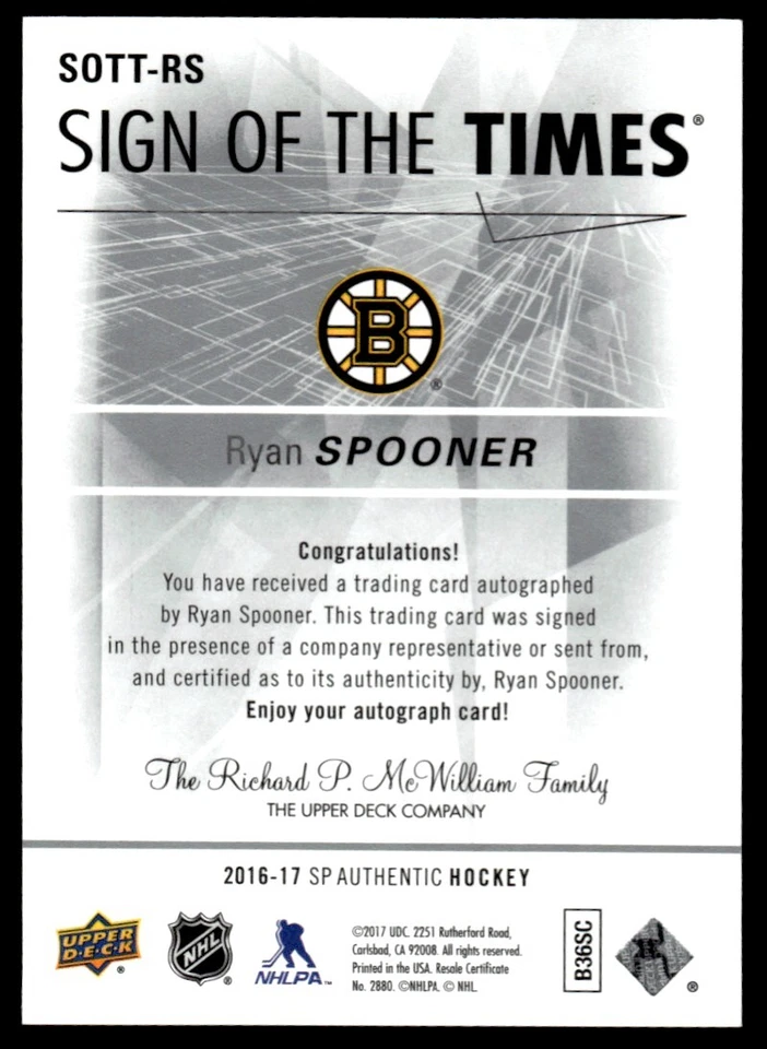 2016-17 SP Authentic Sign of the Times Ryan Spooner Auto Boston Bruins #SOTT-RS - Image 2 of 2