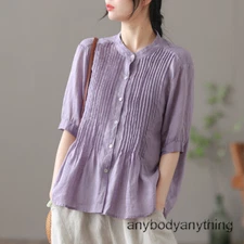 Women Retro Comfortable Cotton Linen Top Ladies Half Sleeve Blouse Summer Shirt