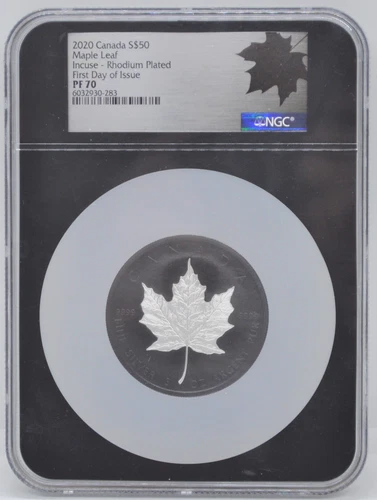 2020 Canada $50 Rhodium-Plated Incuse Fine Silver Maple Leaf NGC PF 70 First Day