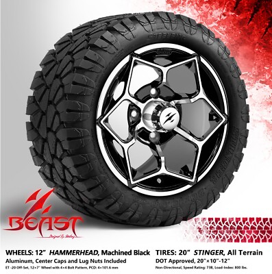4x GOLF CART 12'' MACHINED 'HAMMERHEAD' WHEELS and 20'' STINGER A/T DOT TIRES