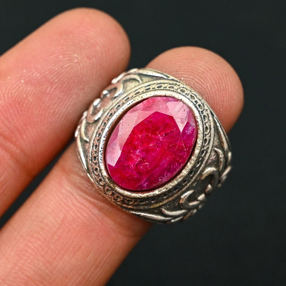 Pink Raby Men's Ring 925 Sterling Silver Handmade-Statement Ring All Size BJ219 - Image 2 of 3
