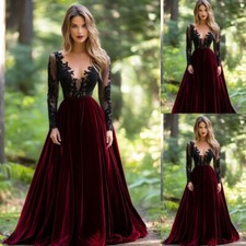 Vintage Burgundy Velvet Wedding Dresses V Neck Long Sleeves A Line Bridal Gowns