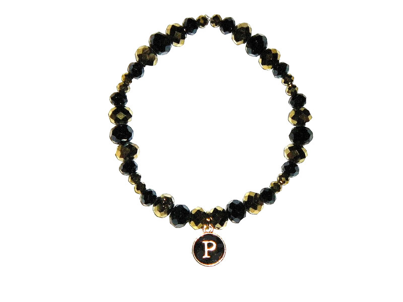 INITIAL "P" CHARM (BLACK) BEADED BRACELET (7 7/8"):  HAND-MADE JEWELRY BY T.L.C.