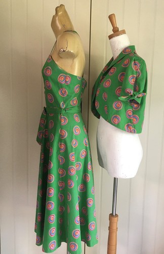 SUN DRESS Straps BOLERO Jacket 70s Vintage Green COTTON Belt Sz M-L Retro Rare - Picture 8 of 10