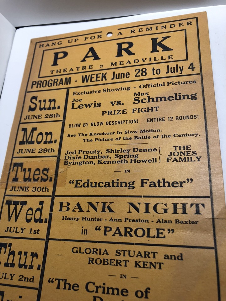 1936 Joe Louis Max Schmeling Boxing Park Theatre Schedule. Meadville PA