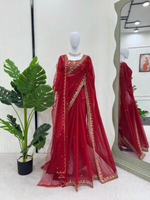 Unique Designer Red Faux Georgette Saree Blouse With Net