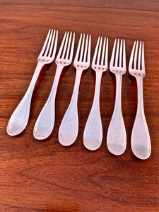 (6) IMPORTANT CUTSHING CANTON CHINESE EXPORT STERLING SILVER DESSERT FORKS 1840s