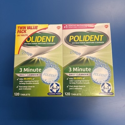 Polident 3-Minute Triple Mint Antibacterial Denture Cleanser (2 Packs of 120 ct)