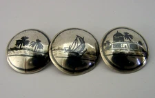 UNUSUAL SET of THREE EASTERN SOLID SILVER NIELLO BUTTONS c1920s ANTIQUE