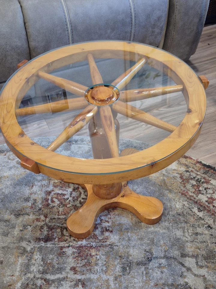 Juego De Colección De Mesas Superior De Vidrio Rueda Barcos Madera Teca Artesanales Foto 4 de 4