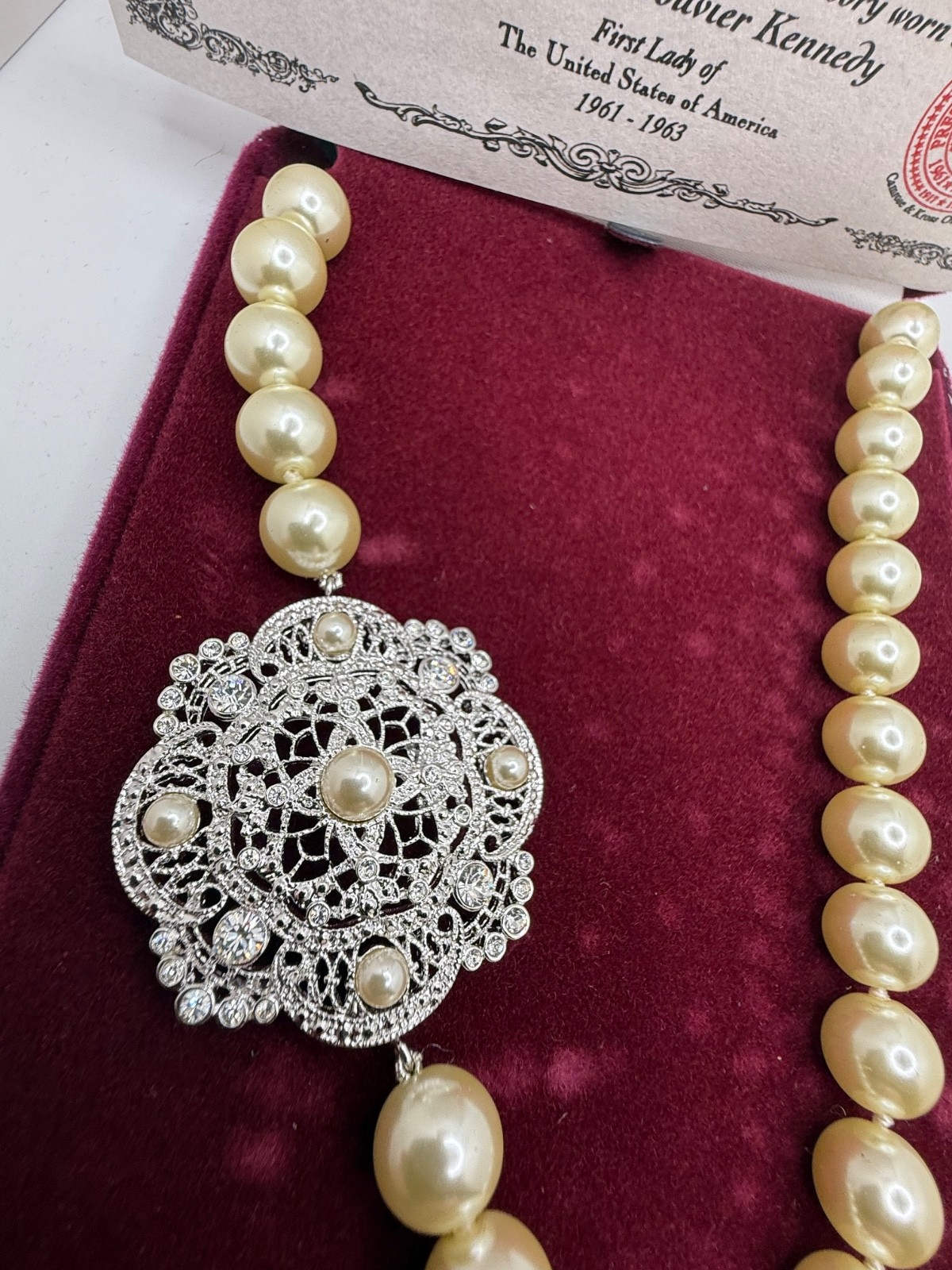 Vintage Camrose Kross JBK Necklace Faux Pearl Filigree COA 27"