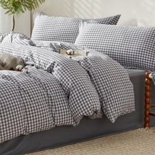 SAPHREAS Gingham Duvet Cover Set Queen Size, 100 Washed Cotton Linen Like Pl...
