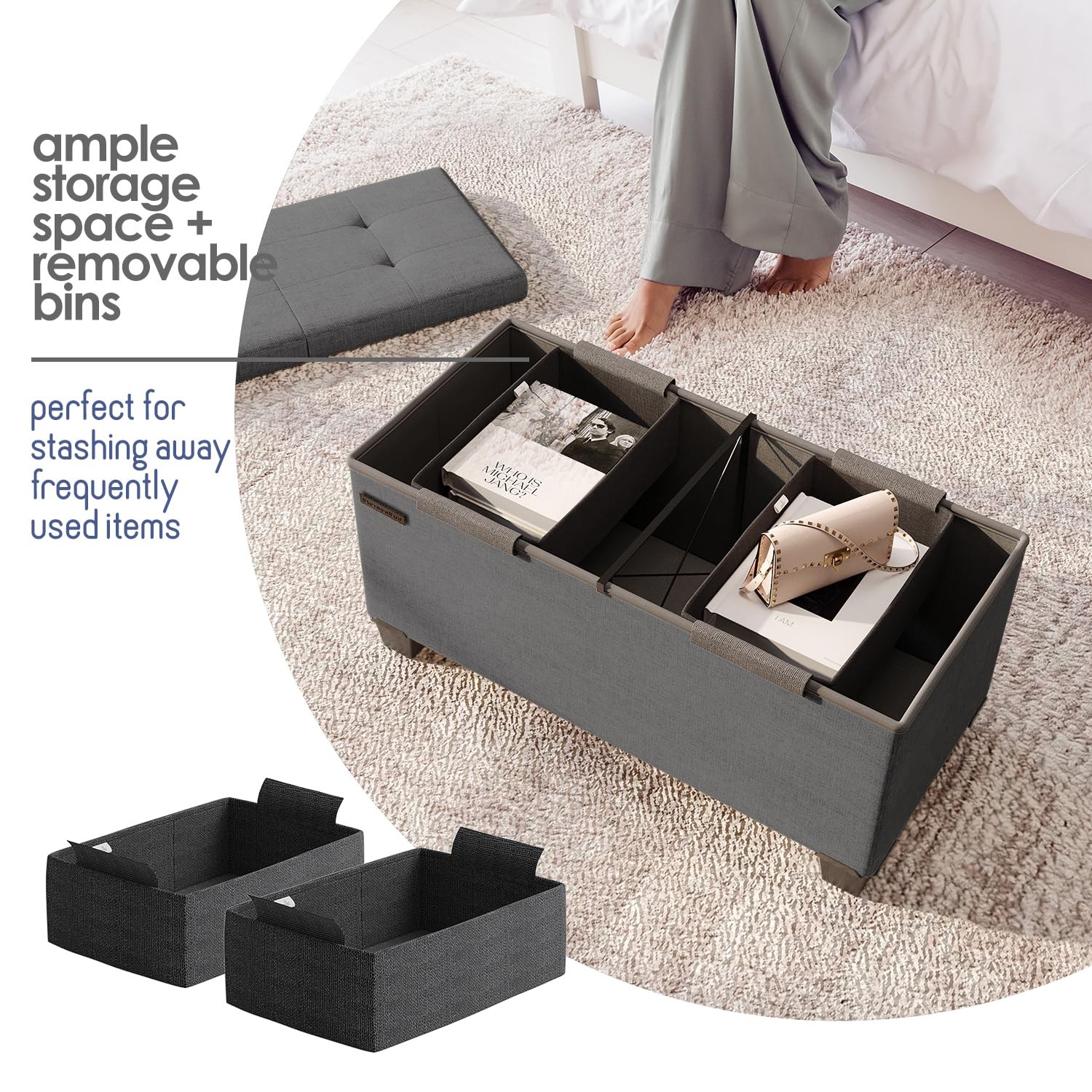 Storage Ottoman Bench with Bins, 30-In for Bedroom End of Bed, Folding Foot