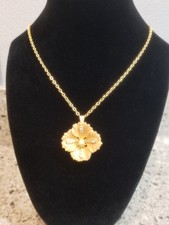 Joan Rivers Pendant Necklace/Brooch,Gold  Tone & orange enamel hibiscus 22