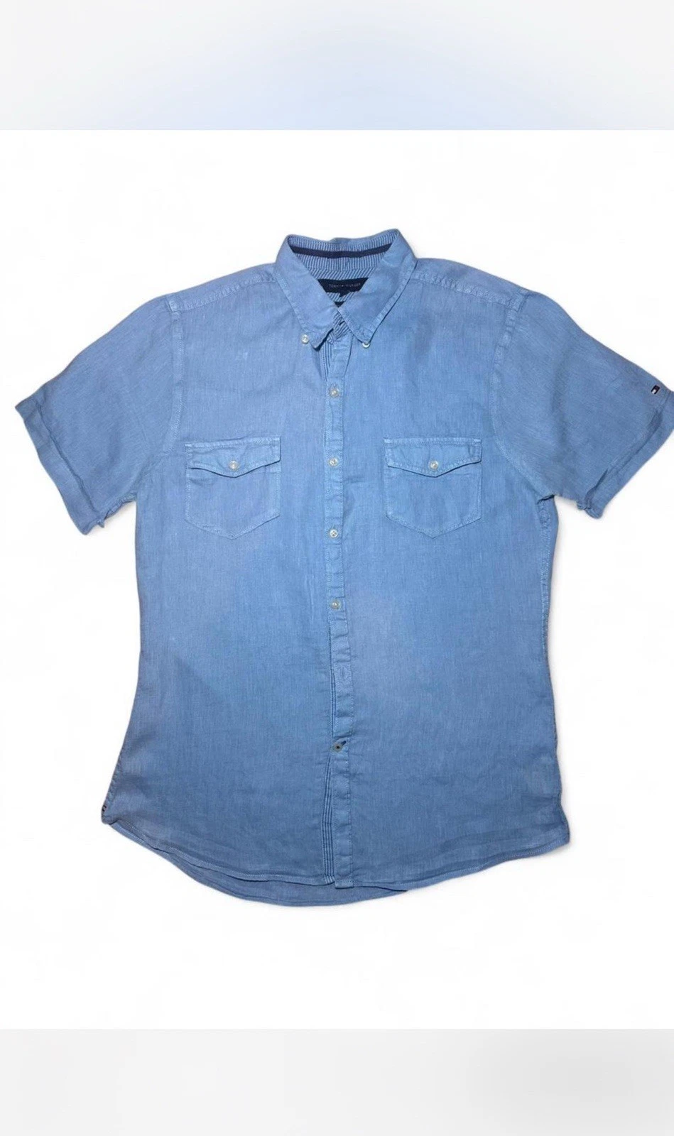 Tommy Hilfiger Mens Light Blue Linen Short Sleeve Shirt Size M Casual Summer Top