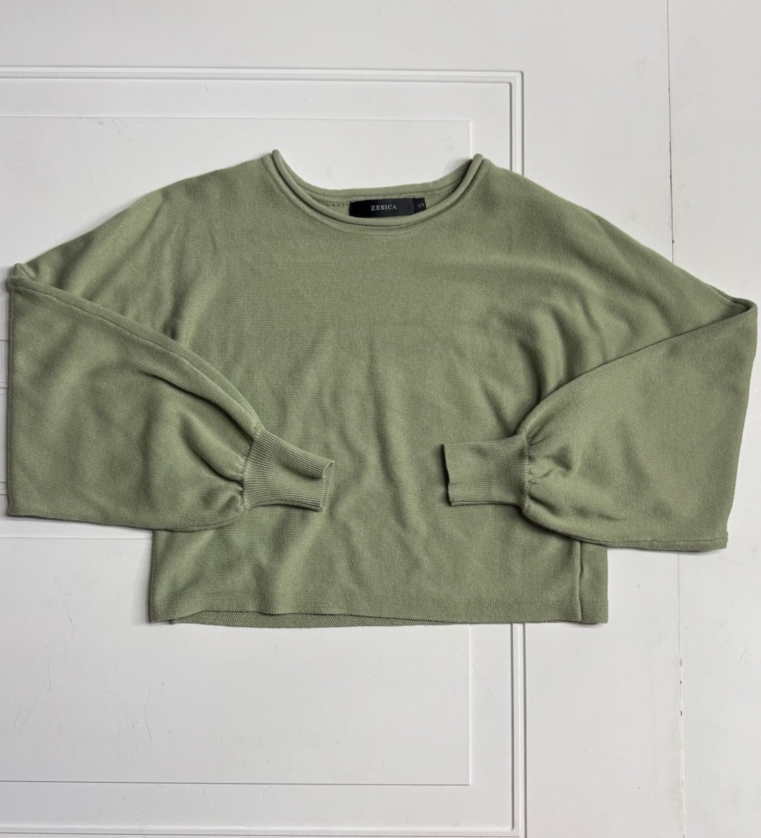 ZESICA Army Green Long Balloon-Sleeve Crew Neck Cropped Knit Sweater Womens  S