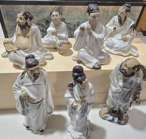VTG "SHIWAN" MUDMAN FIGURINES CERAMICS CHINESE SCHOLARS IMMORTALS  (7 QTY) 3-5"