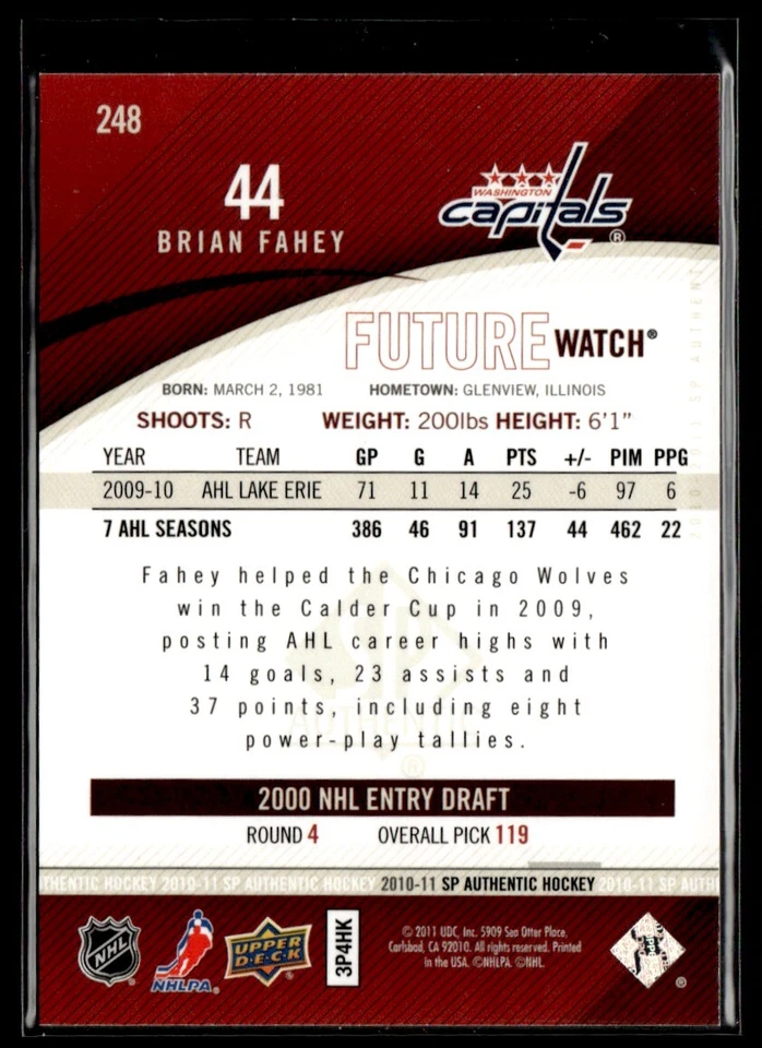 2010-11 SP Authentic Brian Fahey Rookie 690/999 Washington Capitals #248 - Image 2 of 2
