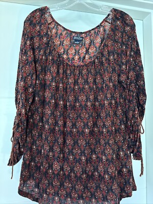 Lucky Brand Boho Peasant Blouse Ruched Sleeves-L