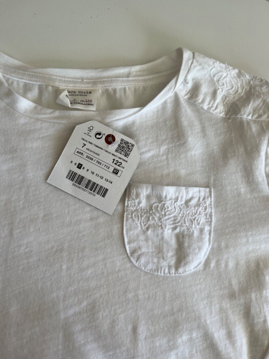 ZARA Girl White Top T-Shirt Long Sleeves Front Pocket Flowers