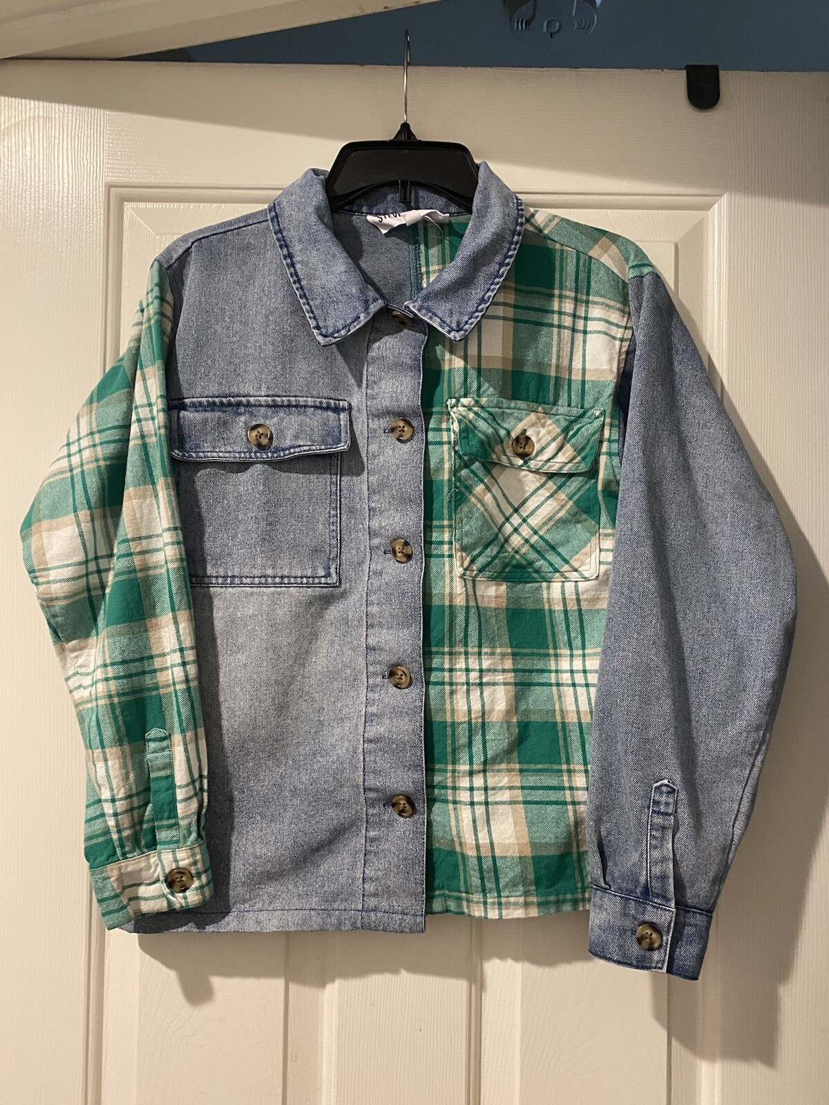 Steve Madden Button Down Denim Plaid Split Shirt … - image 1