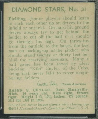 1935 Diamond Stars #31B Kiki Cuyler Green Back PSA 8 Cubs (1719) - Picture 2 of 2