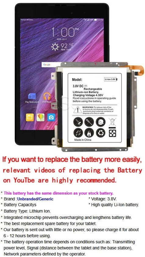 Battery for Asus Zenpad Z8 P008 ZT581KL ZenPad 3 8.0 Z581KL ZenPad Z8 XLTE USA - Image 2 of 2