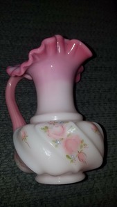 SIGNED-Fenton-Pink-Rosalene-Glass-ROSES-Painted-Wave-Crest-Pitcher-Vase