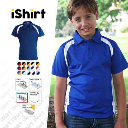 KIDS POLO SHIRT POLYESTER OUTER FACE COTTON BACKING CONTRAST PANEL POLO - Picture 1 of 19