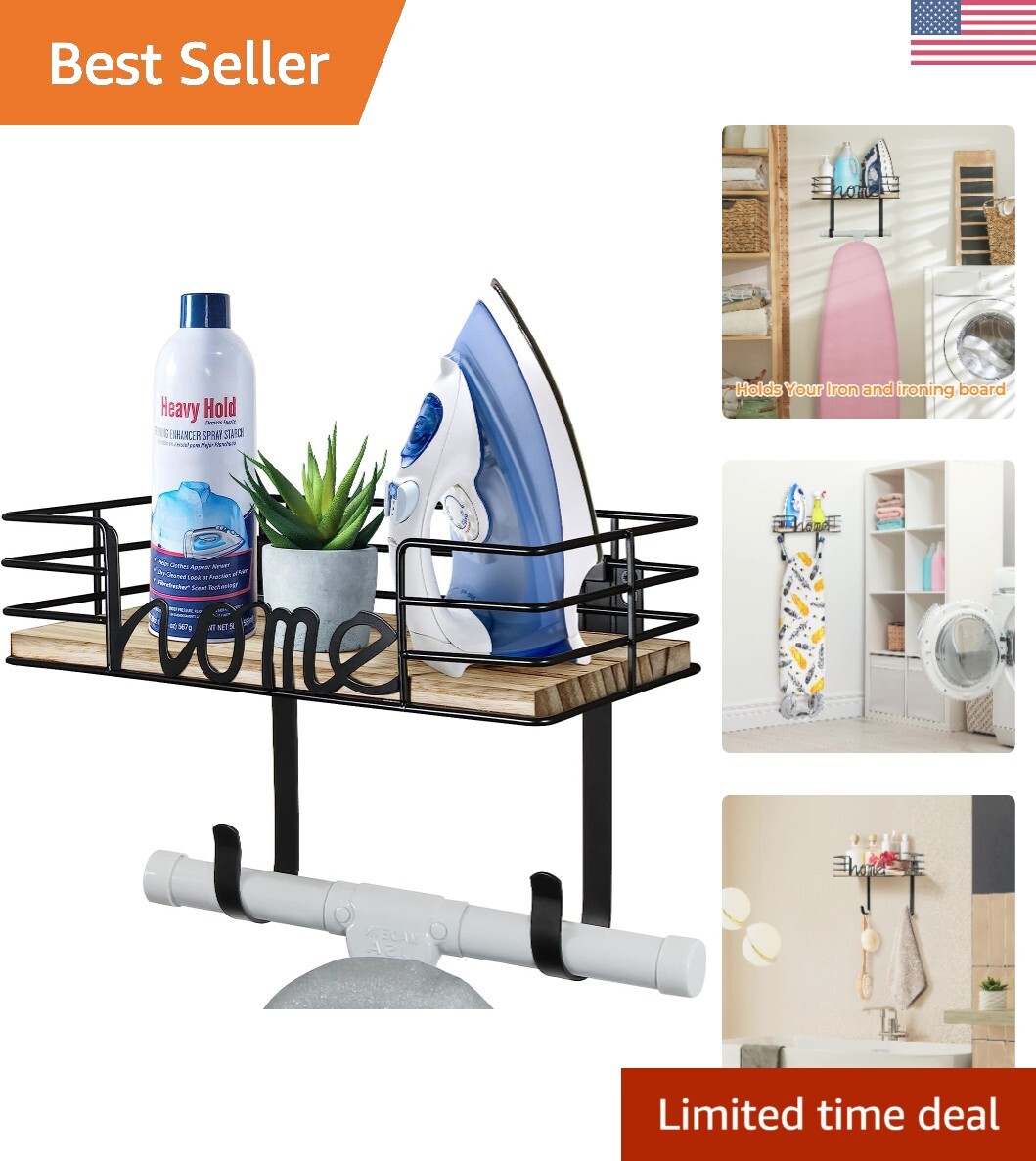 Wall Mount Ironing Board Hanger with Large Storage Basket & Removable Hooks-image