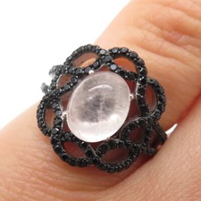 925 Sterling Silver Real Rose Quartz Black Spinel Floral Ring Size 5