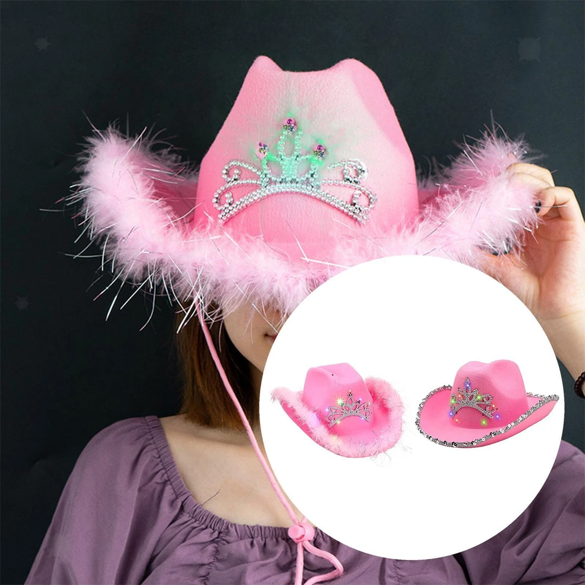 Pink Cowboy Hat Women Girl Princess Hat with Crown Tiara Design
