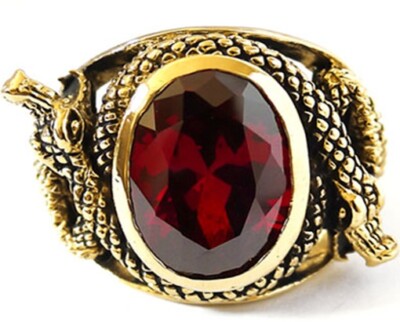 BIG RED CZ VIPER SNAKE GOLD BRASS MEN'S RING