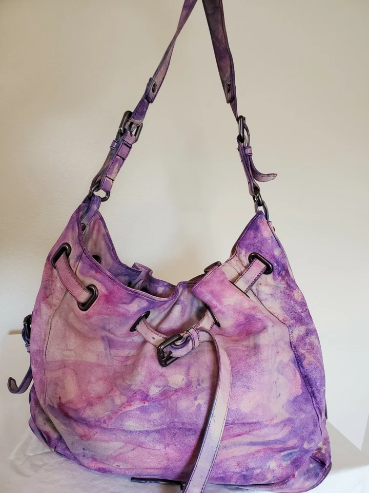 KOOBA Hobo Handbag bucket bag Purse purple pink white blue tie dyed tote cowgirl - Image 2 of 4