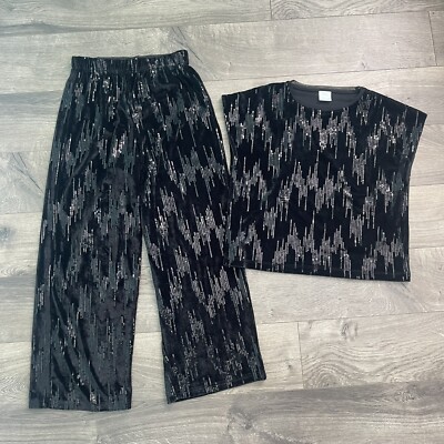 ZARA Girls Black Velour 13-14y Sequin Top and 11-12y Pants 2pc Set READ