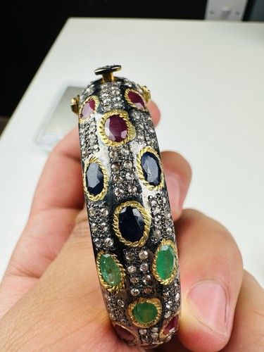 Ruby Sapphire Bracelet bangle And Emerald With Diamonds , Hallmarked, Handmade - Picture 11 of 17