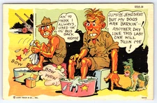 VINTAGE POSTCARD OLD MILITARY MEN UNIFORMS COMEDY HUMOR GUNS DOG LINEN 1942